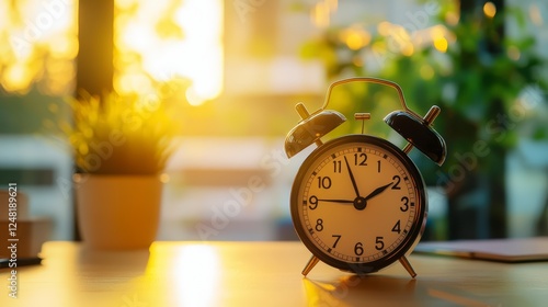 Golden alarm clock on cozy wooden table in soft morning light