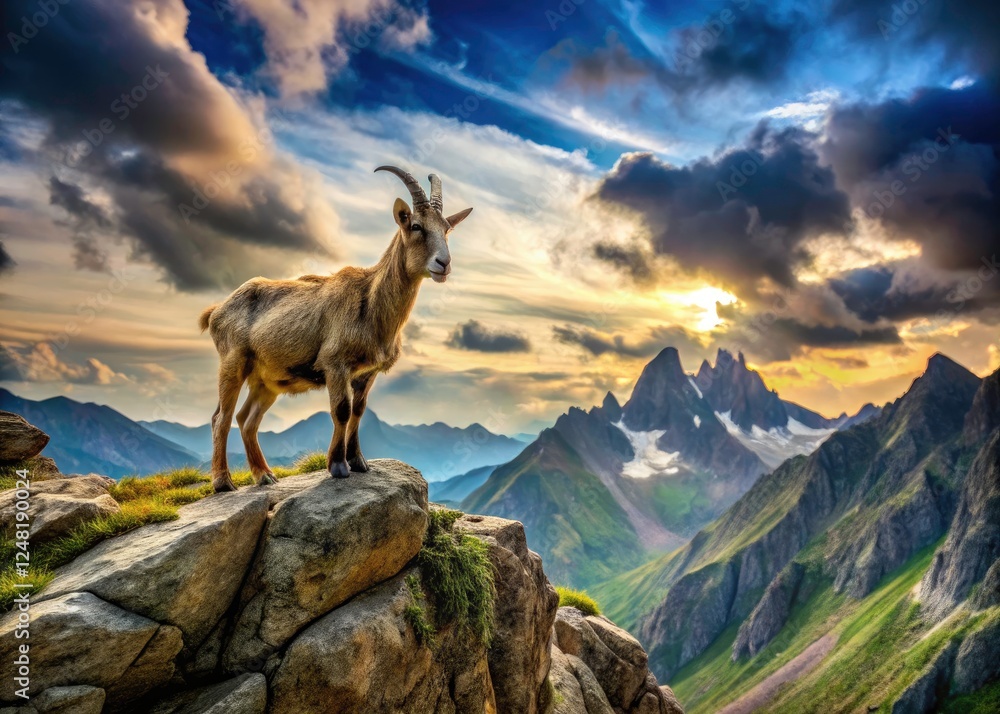 Obraz premium Rock-climbing goat, a symbol of alpine resilience, photographed on a dramatic cliff face.