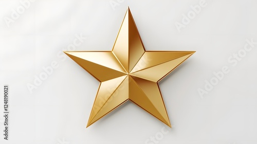 Exquisite high detailed 3D rendering of a brilliant golden five pointed star with a beveled edge design placed against a clean white backdrop
