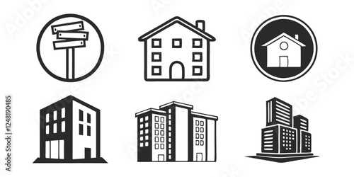 Building Icon Vector Set – Skyscraper, Apartment, and Architecture Symbols Collection