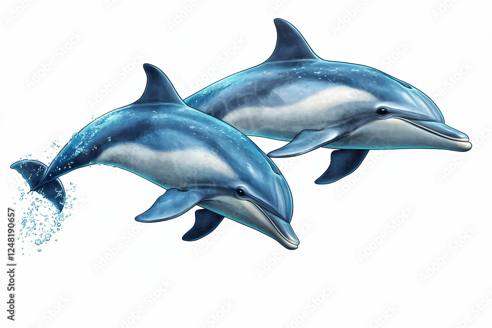 Two dolphins leaping, ocean background, wildlife illustration, marine life poster Two dolphins leaping, ocean background, wildlife illustration, marine life poster
