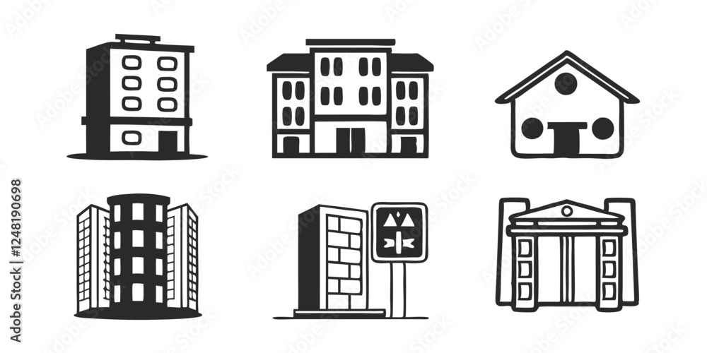 Building Icon Vector Set – Skyscraper, Apartment, and Architecture Symbols Collection Building Icon Vector Set – Skyscraper, Apartment, and Architecture Symbols Collection