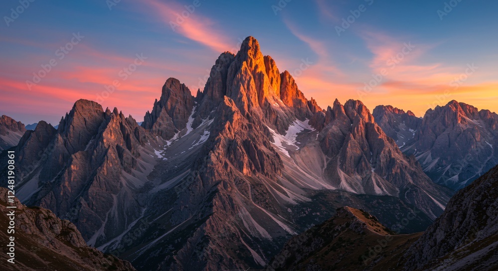Naklejka premium Jagged mountain peaks glow under a vibrant sunset, with rugged slopes and patches of snow creating a breathtaking alpine landscape filled with dramatic light and natural beauty.