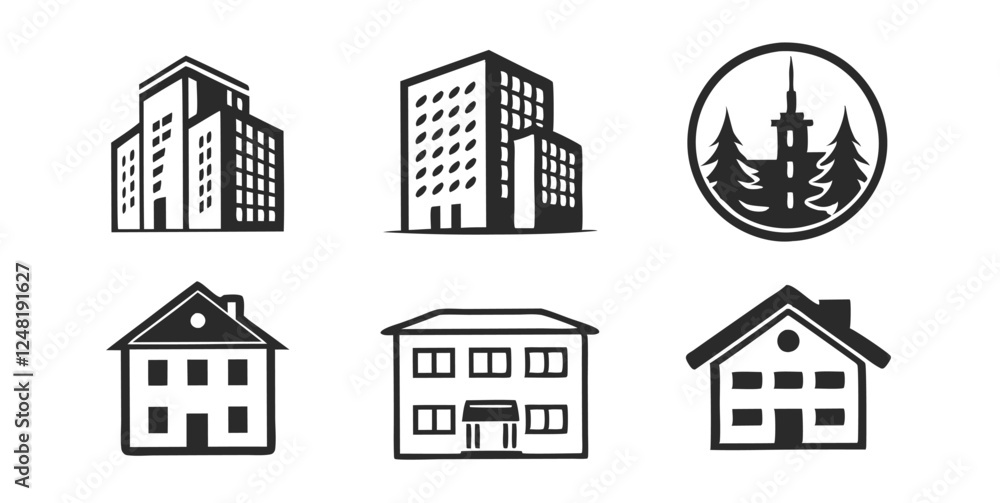 Building Icon Vector Set – Skyscraper, Apartment, and Architecture Symbols Collection Building Icon Vector Set – Skyscraper, Apartment, and Architecture Symbols Collection