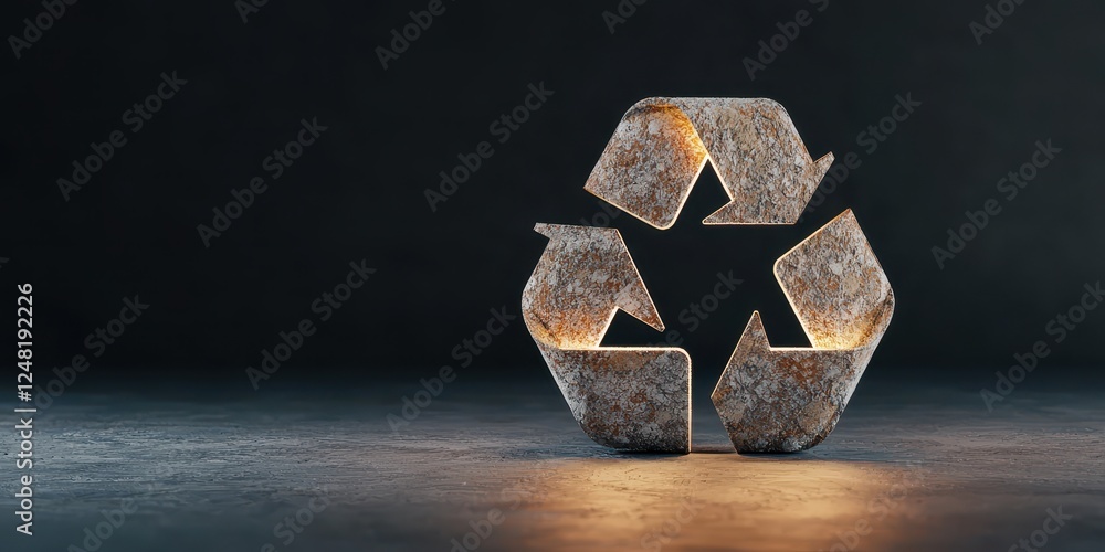 A glowing, three-dimensional recycling symbol stands against a dark background, emphasizing sustainability and environmental awareness.