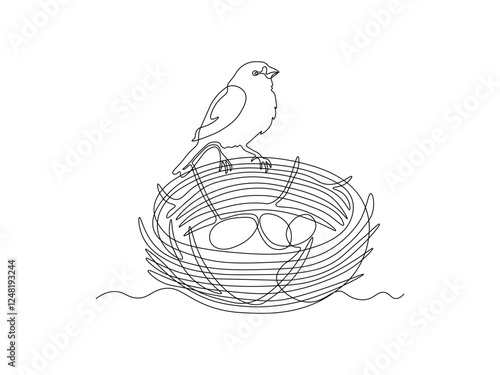 Abstract sparrow bird's nest with eggs, continuous single one line art hand drawing sketch logo