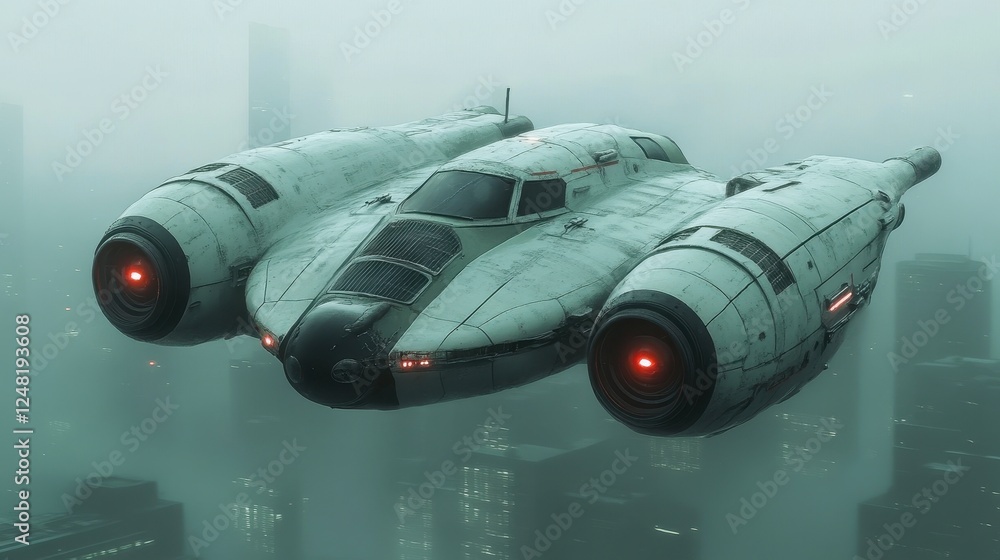 Obraz premium Futuristic Spaceship Hovering Over Foggy Cityscape 