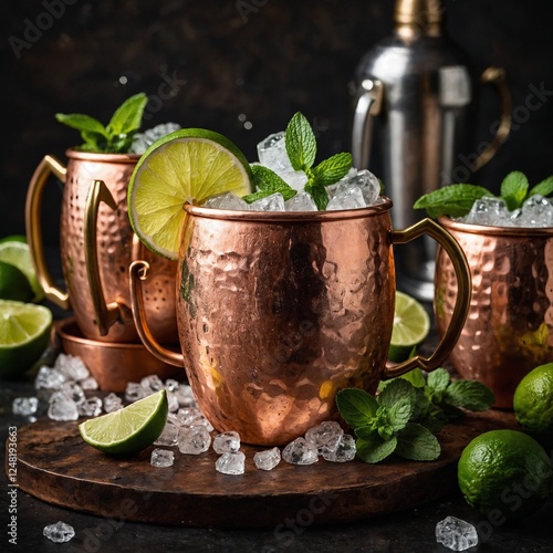 A beautifully arranged Moscow Mule cocktail in a copper mug, topped with crushed ice, mint, and a lime wedge.