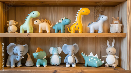 Fototapeta Naklejka Na Ścianę i Meble -  Toy shelf for baby store cartoon game illustration. Wood shop rack element for kindergarten or store design with elephant, dinosaur, horse and rabbit isolated on background. Showcase display furniture