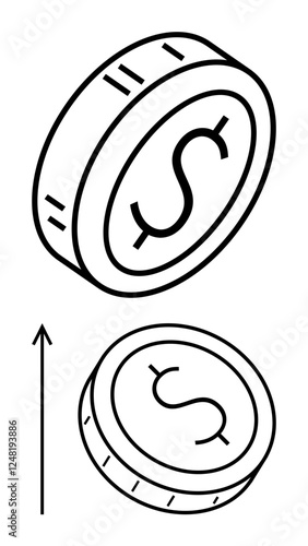 Two coins with a dollar sign and an upward arrow indicating the concept of financial growth. Ideal for finance, investment, growth, business success, economic rise, wealth accumulation, planning