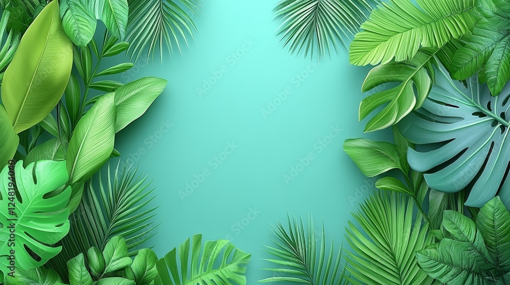 Vibrant Tropical Foliage Frame Teal Background Lush Greenery Botanical Design Element Vibrant Tropical Foliage Frame Teal Background Lush Greenery Botanical Design Element