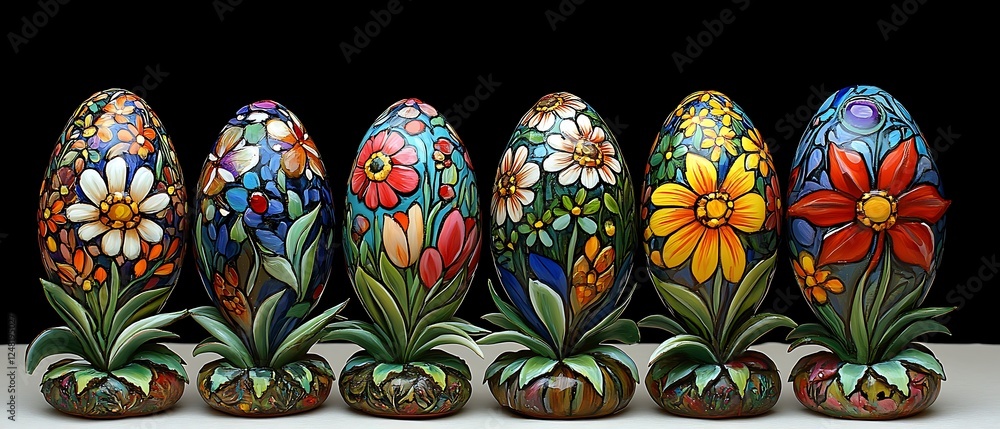 This detailed photograph presents a charming Easter tableau with an assortment of elaborately decorated eggs arranged in a symmetrical pattern on a pristine white background. Each egg is adorned This detailed photograph presents a charming Easter tableau with an assortment of elaborately decorated eggs arranged in a symmetrical pattern on a pristine white background. Each egg is adorned