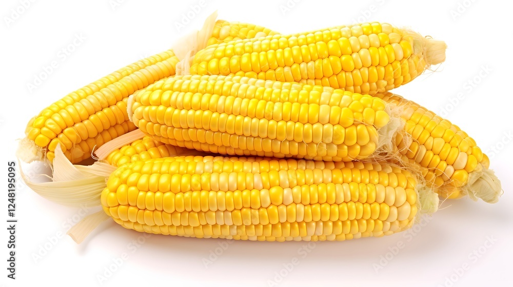 Close up of a stack of fresh ripe corn on the cob with vibrant yellow kernels isolated on a clean minimalist white background Close up of a stack of fresh ripe corn on the cob with vibrant yellow kernels isolated on a clean minimalist white background