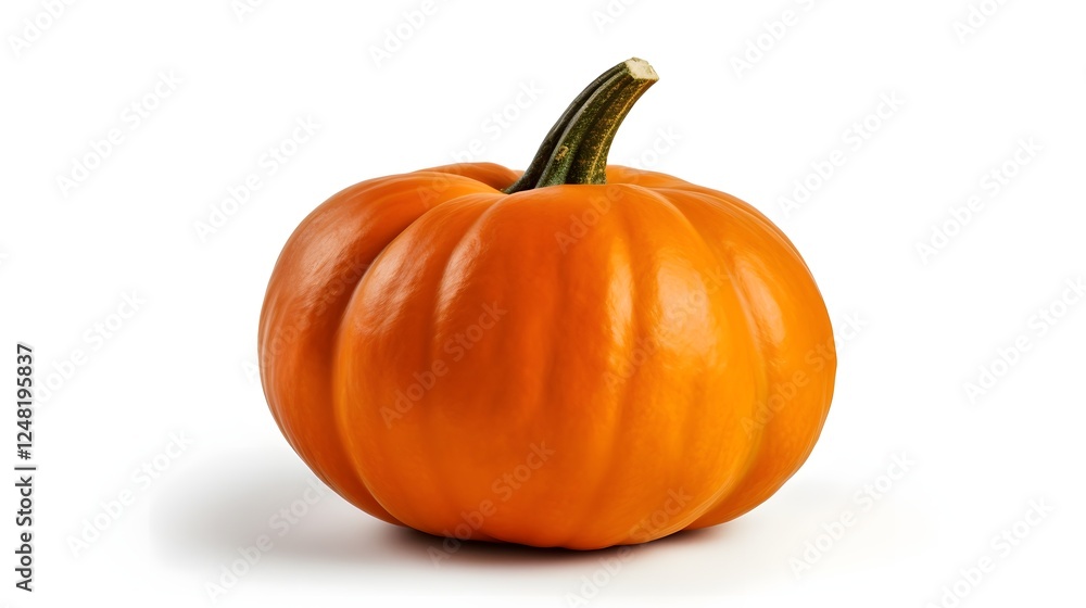 Obraz premium Closeup of a fresh deep orange pumpkin with a smooth unblemished surface isolated on a clean white background The pumpkin looks ripe and ready for autumn or fall harvest seasonal home decor