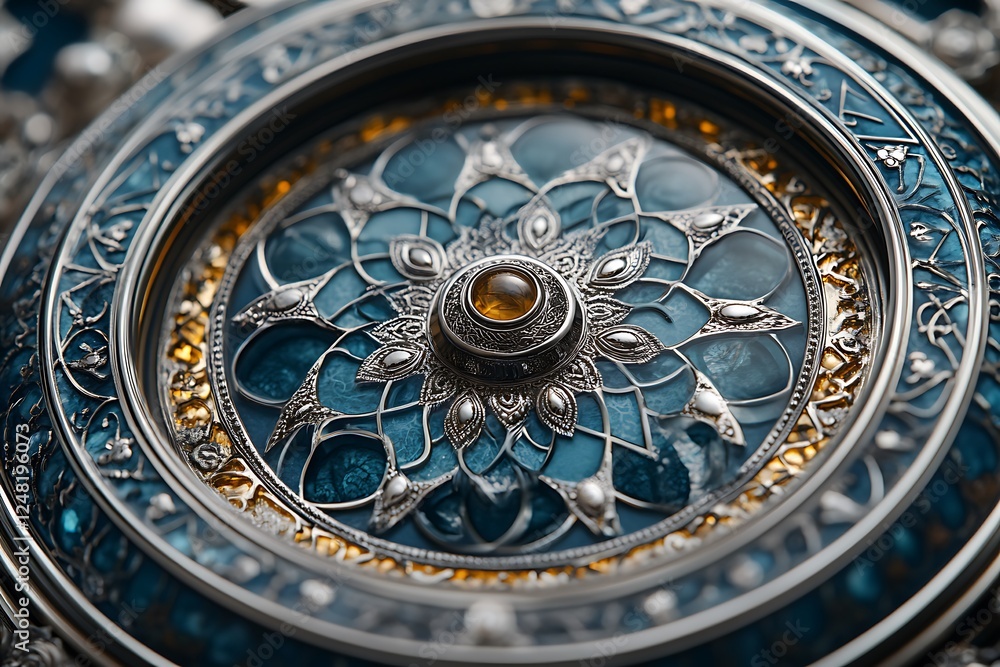 Fototapeta premium Ornate Circular Design with Silver Filigree and Central Amber Gem Surrounded by Blue Enamel
