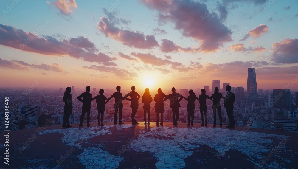Silhouetted businesspeople stand together on a world map at sunset, symbolizing global teamwork and unity. Silhouetted businesspeople stand together on a world map at sunset, symbolizing global teamwork and unity.