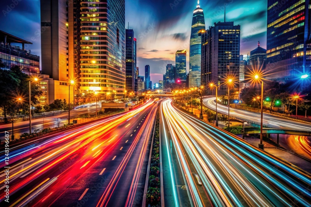 Fototapeta premium Stunning long exposure photographs capture the mesmerizing glow of city lights at night.