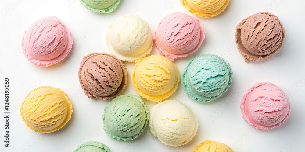 Obraz premium Colorful assortment of ice cream scoops pastel colors isolated on white background summer dessert treats sweet frozen confectionery