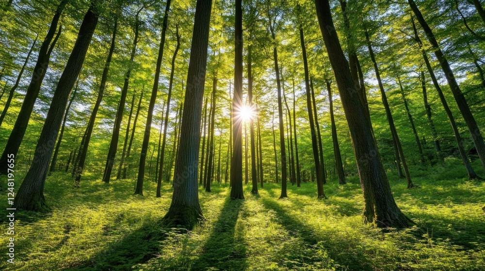Naklejka premium Sunlight filtering through tall trees in lush green forest scenery