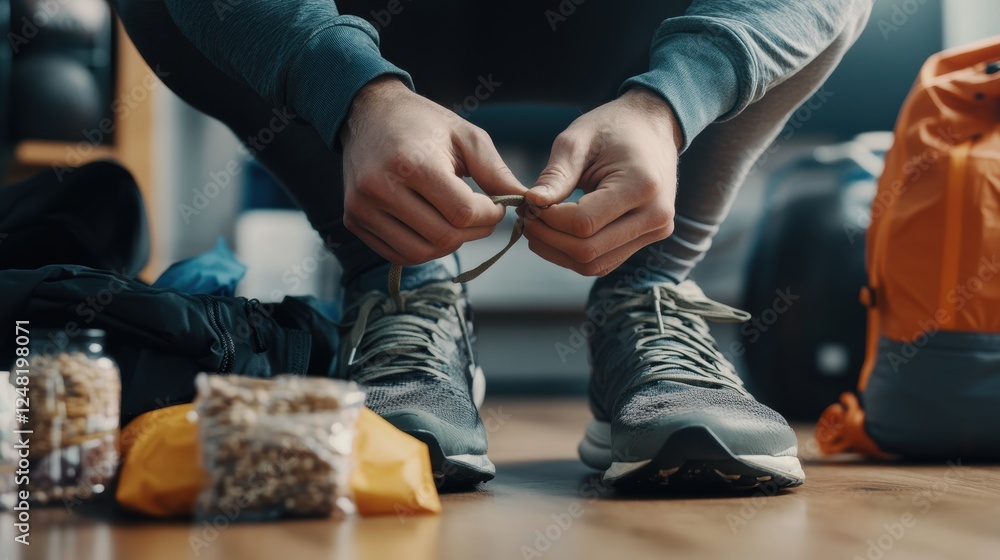 Fototapeta premium Athlete Tying Shoelaces Home Gym Fitness Preparation Indoor Close-Up Pre-Run Routine