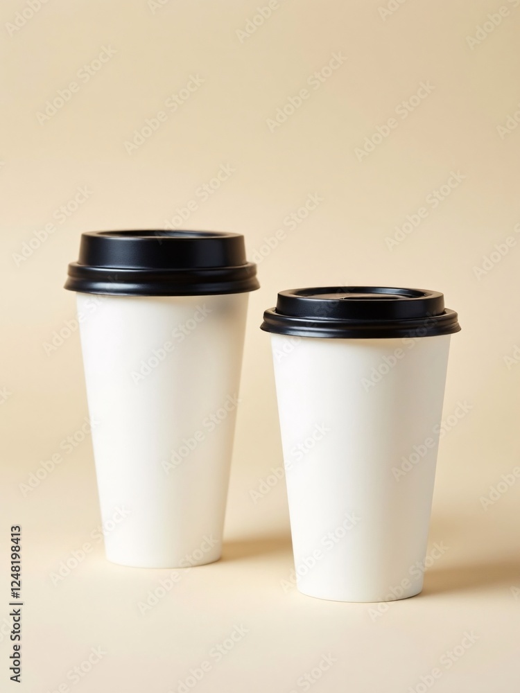 Mockup of two plain white disposable coffee cups with black lids, taken in a professional studio on a neutral, smooth background. Mockup of two plain white disposable coffee cups with black lids, taken in a professional studio on a neutral, smooth background.