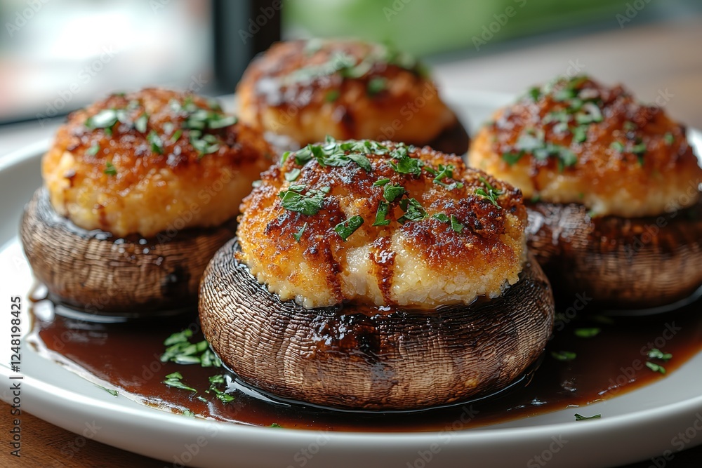 Mouthwatering stuffed mushrooms Perfectly baked with a savory filling Garnished with fresh herbs and served on a white plate Mouthwatering stuffed mushrooms Perfectly baked with a savory filling Garnished with fresh herbs and served on a white plate