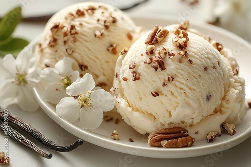 Delightful ice cream scoops topped with crunchy pecans served with vanilla bean and delicate white blossoms A cool and delicious treat photo