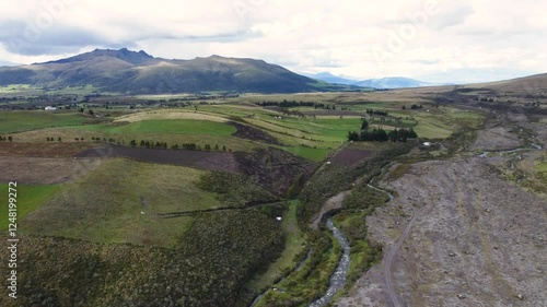 Drone flight over the Machachi sector of El Pedregal, featuring scenic views of the Pasochoa volcano and surrounding green valleys