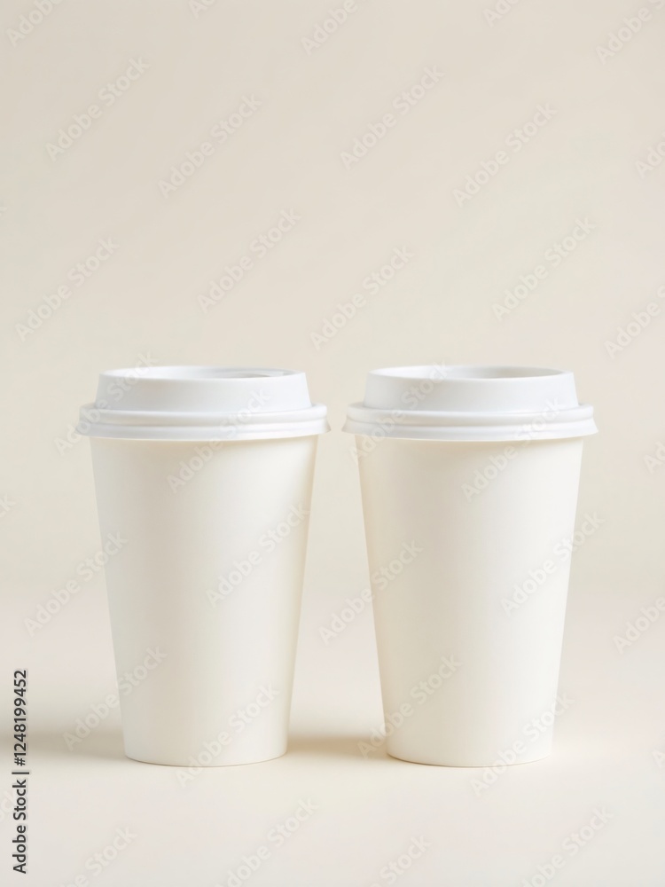 Minimalist coffee cup mockup featuring two plain white disposable cups, perfectly lit to highlight texture and form. Minimalist coffee cup mockup featuring two plain white disposable cups, perfectly lit to highlight texture and form.
