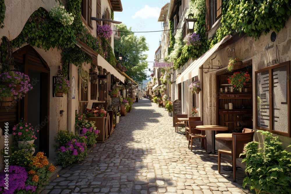 Obraz premium Charming cobblestone street adorned with vibrant flowers in a quaint village on a sunny day