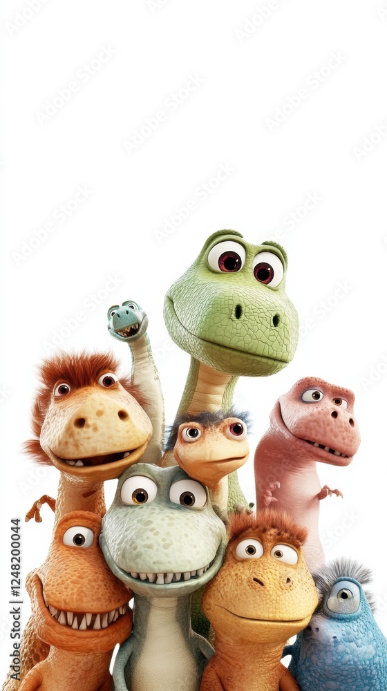 Naklejka premium Colorful animated dinosaurs posing together in a cheerful group