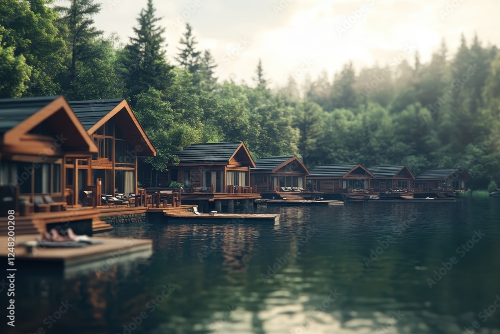 Tranquil lakeside retreat featuring charming wooden cabins and lush greenery at sunrise Tranquil lakeside retreat featuring charming wooden cabins and lush greenery at sunrise