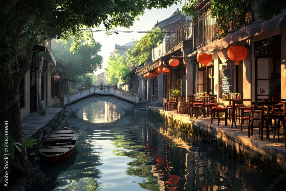 Fototapeta premium Charming canal in a historic town illuminated by lanterns at twilight with reflections dancing on the water