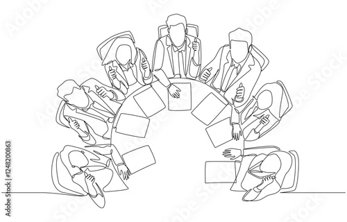 Continuous one line drawing of office workers around round table giving thumbs up, business teamwork concept, single line art