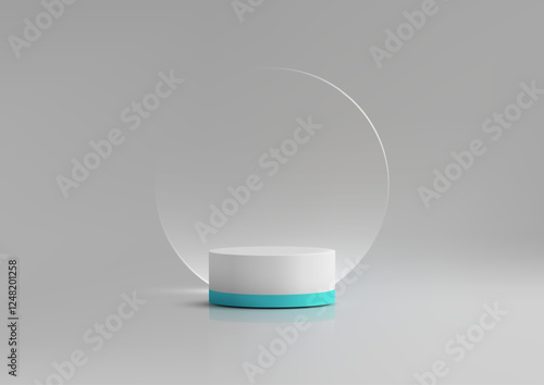 Minimalist 3d podium with turquoise ring, white cylindrical base, soft grey background, modern product display mockup