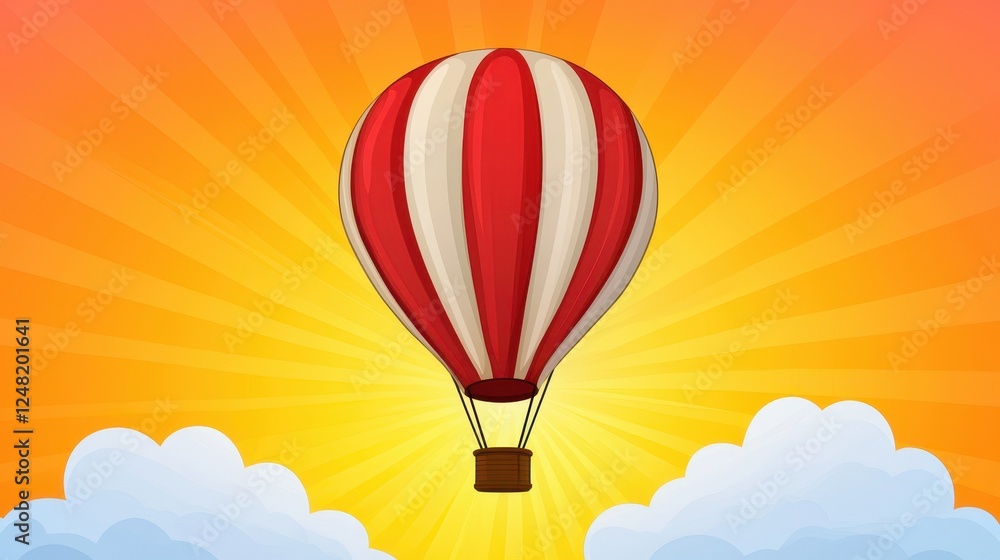 Fototapeta premium A colorful hot air balloon floats above fluffy clouds against a vibrant sunrise backdrop, evoking a sense of adventure and freedom.