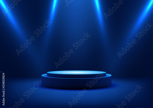 modern technology futuristic blue illuminated podium for award ceremony or product display in modern showroom
