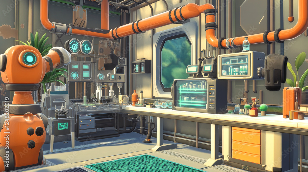 Fototapeta premium Cartoon lab technology interior vector background. Laboratory robot equipment for medical and science experiment. Futuristic dog transformer biotech modification. Ventilation and pipes in room