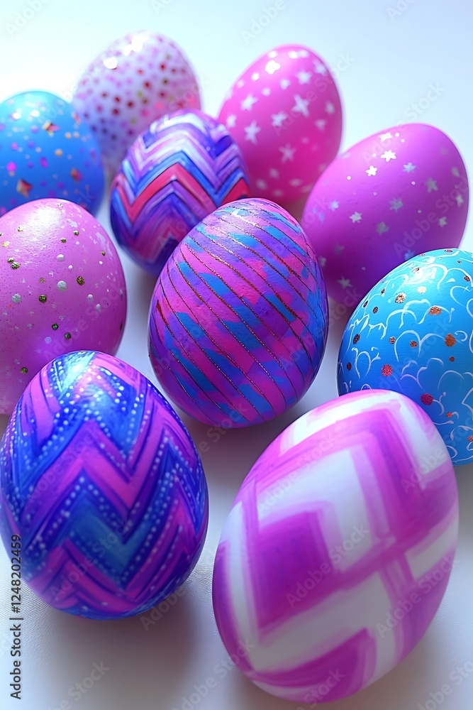 This high-resolution image captures an artistic Easter display featuring a series of uniquely decorated eggs, each boasting intricate patterns and soft pastel tones. Arranged neatly on a bright This high-resolution image captures an artistic Easter display featuring a series of uniquely decorated eggs, each boasting intricate patterns and soft pastel tones. Arranged neatly on a bright