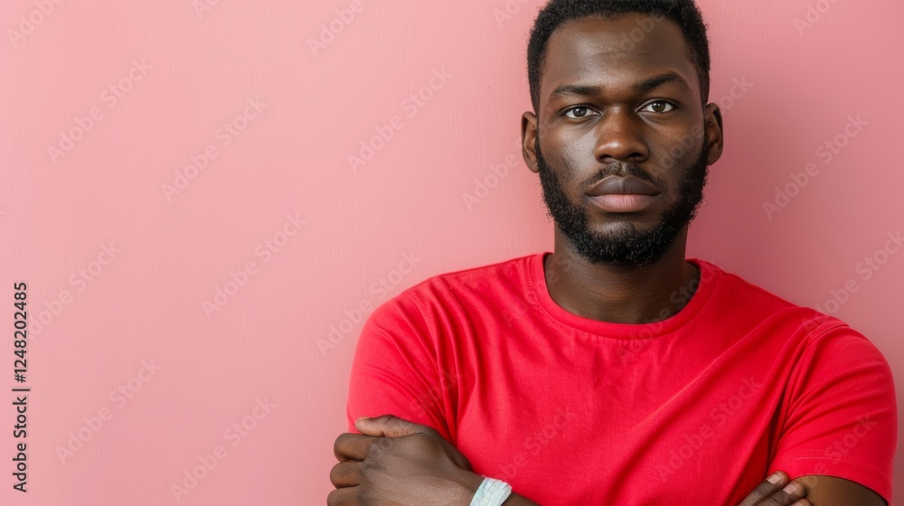 Man wearing red t shirt with bandaged arm and crossed arms in ai generated artwork Man wearing red t shirt with bandaged arm and crossed arms in ai generated artwork