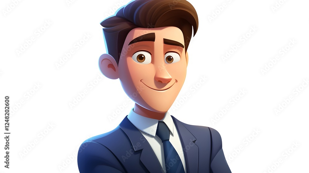 Confident Cartoon Businessman in Formal Suit and Tie Standing on White Background with Positive Expression Confident Cartoon Businessman in Formal Suit and Tie Standing on White Background with Positive Expression