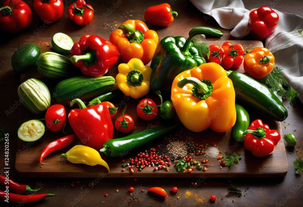 colorful sizzling ingredients displayed bright cutting board featuring various fresh vegetables aromatic spices culinary scene, cooking, herbs, paprika, garlic colorful sizzling ingredients displayed bright cutting board featuring various fresh vegetables aromatic spices culinary scene, cooking, herbs, paprika, garlic