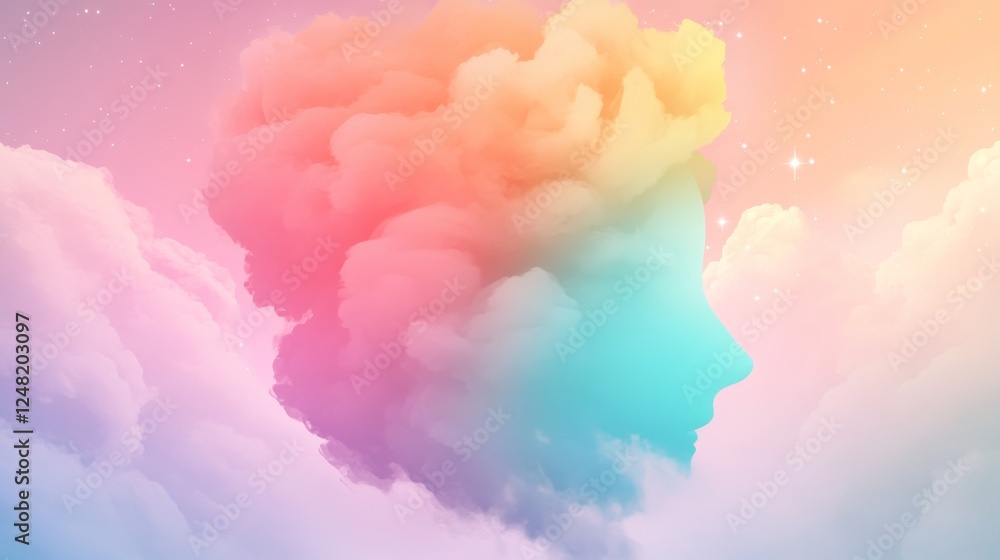 Fototapeta premium Dreamy Profile: A vibrant profile emerges from pastel clouds against a starry sky evoking imagination serenity and the boundless mind
