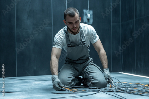 Electrician in overalls laying wires photo