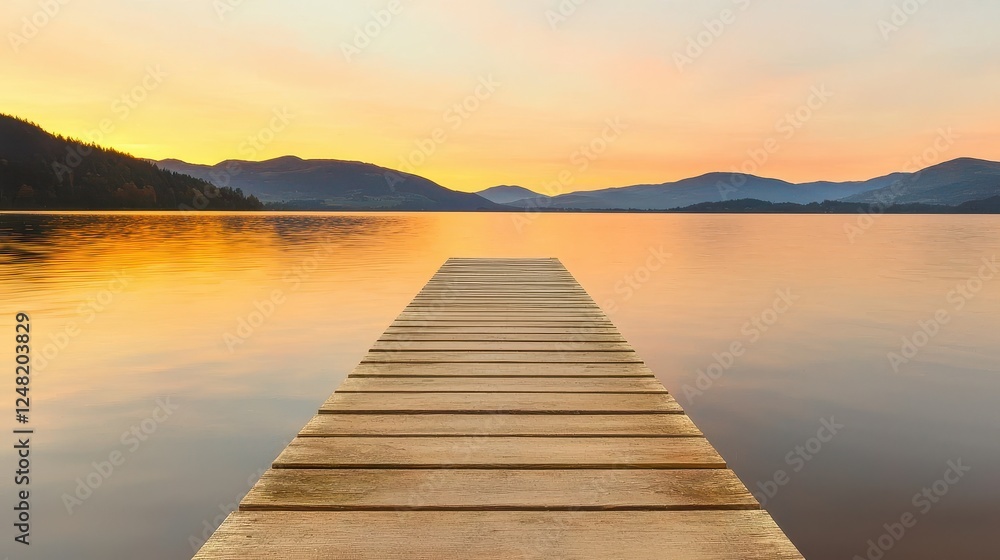 Fototapeta premium A serene wooden dock extends into a tranquil lake at sunset, surrounded by mountains, reflecting warm colors on the water's surface.