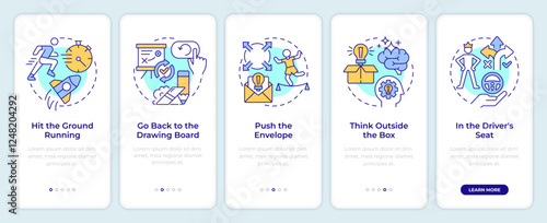 Business strategy onboarding mobile app screen. Walkthrough 5 steps editable graphic instructions with linear concepts. UI, UX, GUI template. Montserrat SemiBold, Regular fonts used