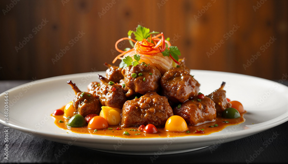 Elegant curry goat platter showcased with garnish, upscale dining concept Elegant curry goat platter showcased with garnish, upscale dining concept