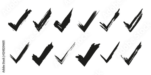 Grunge tick icon collection. Black checkmark sign set. V brush strokes