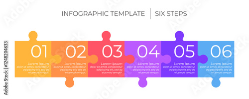 6 steps infographic template. Puzzle style timeline concept of six dependent components or parts of business project. 