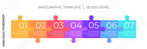 7 steps infographic template. Puzzle style timeline concept of seven dependent components or parts of business project. 